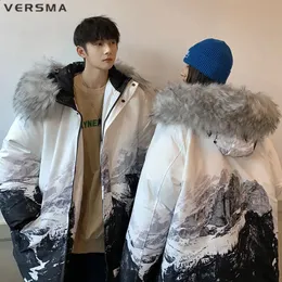 Men Fur Hoodie: Retro Snow Mountain Print Winter Parka