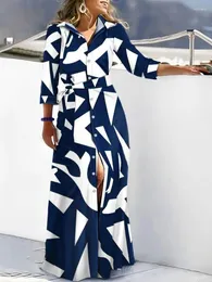 Plus Size Kleider Frühling und Herbst Damen Pendler Mode Langarm bedrucktes Hemd V-Ausschnitt Schnürung einreihiges geteiltes Kleid