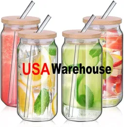 US Warehouse Water Bottles Sublimation 12oz 16oz glass Tumbler Cups can glasses with bamboo lid reusable straw Mug beer Transparent frosted Soda Cup drinking 0101