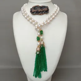 Y.ing 51 '' Odlat White Rice Pearl Green Jade Tassel CZ Pave Pendant Long Necklace 231229