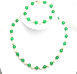 Choker Qingmos Natural 6-7mm Round White Pearl Necklace Armband för kvinnor med Green Jades Stone Match 7.5 "C1016