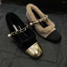 Dress Shoes Round Toe Women Pumps Mixed Color Shallow Slip On Belt Metal Chin Fur Design Eleant Warm Mid Heels Flock 35-39