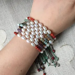 Braccialetti con ciondoli Piccola perla barocca d'acqua dolce naturale di riso per donna Ragazza Perline di pietra Bracciale intrecciato con corda Amicizia