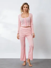 Kvinnors sömnkläder kvinnor 2 bit knapp upp pyjama set långärmad fyrkantig nackskjorta låg stigning flare byxor lounge avslappnad