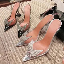 Transparente Sandalen für Damen mit Schmetterlingsschnalle und spitzem High-Heels-Kristall mit dünnem Absatz