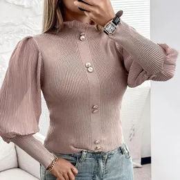 Mulheres camisetas elegantes mulheres camisa com nervuras top outono inverno manga longa sopro o pescoço botão espartilho slim fit t-shirt y2k roupas chiques