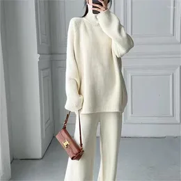 Women's Two Piece Pants Women Tracksuit Knitting Jumpers Wide Leg Turtleneck Sweaters Pieces Set Thicken Solid Lazy Wind Winter 2024 Warm