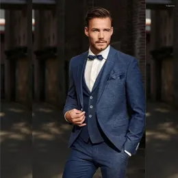 남자 정장 우아한 블루 3 피스 재킷 팬츠 조끼 싱글 가슴 노치 옷깃 형식 웨딩 파티 Trajes Elegante Para Hombre