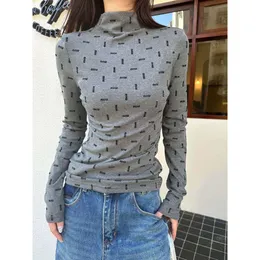 Women's Knits & Tees Mm Home Autumn/winter Flocking Long Sleeved Bottom Shirt with High Neck, Elastic Slim Fit, Letter Printing Decoration