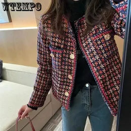 Kadın Suit Wtempo Uzun Kollu Zarif Dokuma Ekose Kadınlar Blazer Cep Plus Velvet Kış Nedensel Tweed Ofis Bayanlar Takım Ceket