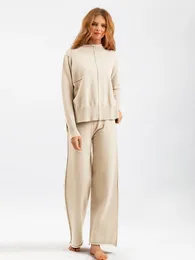 Женские брюки из двух предметов, осень-зима 2024, женская одежда, вязаные пуловеры, свитера, однотонные свободные повседневные комплекты с широкими брюками, женские наряды