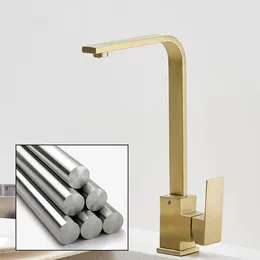 Krany kuchenne szczotkowane złoto kwadratowy kran ze stali nierdzewnej mikser zimnej wody umywalka łazienkowa kran 360 stopni obrót mocowanie