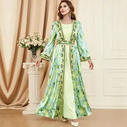 Roupas étnicas Siskakia Vestido Marocain Femme Cetim Noite 2 Peça Abaya Set para Ramadan Muçulmano Feminino Chic Impressão Cinto Dubai Islâmico