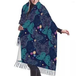 Lenços Linda Borboleta Azul Marinho Lenço Inverno Longo Grande Borla Soft Wrap Pashmina