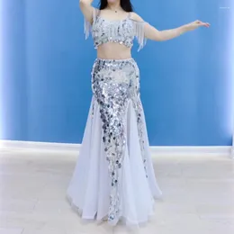 Scene Wear Belly Dance Silver Dress Performance Costume Oriental Big Swing Skirt Diamond Tassel Sequin Glittering