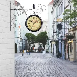 Relógios de parede ao ar livre jardim estação relógio dupla face retro quartzo relógios metal ferro arte pendurado para decoração do corredor