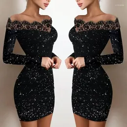 Casual Kleider Sexy Frauen Elegante Cocktail Schwarz Off Schulter Glitter Party Abend Chic Langarm Paket Hüfte, Figurbetontes Kleid Kleidung