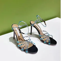 2024 AQUAZZURA Crystal decoration sandals Stiletto heels clear PVC open toe cross shoes for women's leather outsole Evening Banquet Party shoes luxury designer