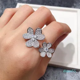 fashion Copper Plated Glossy Clover Open Double Flower Ring Women Rose Gold Stainless Steel Rings For Party Gift Jewelry for women225i