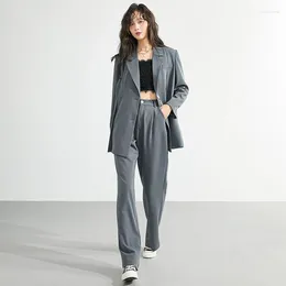 Pantalon de deux pièces pour femmes Insozkdg 2024 Femmes Bureau Gris Costume Deux Pièces Pantalon Élégant Blazer Femme Ensemble Casual Veste Lâche Vêtements De Travail