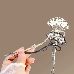 Crystal Fan-shaped Flower Hair Stick Shiny Rhinestone Tassel Hairpin For Women Girls Chinese Ancient Style Hairstyle Accessories