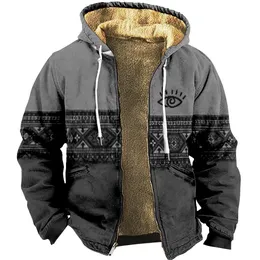 Men's Zipper Hoodies Winter Fleece Parka Coats Ethnic Tribal Graphics Jackets Daily Sweatshirts Outerwear Hooded Zip-up Overcoat 231229