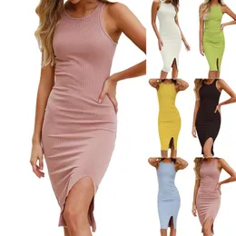 Casual Dresses Personality Design Solid Color Sundress Slim Long Knitted Slit Dress Wrap Womens Pockets