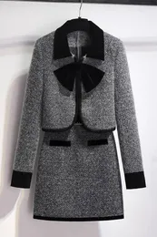 2 피스 드레스 프랑스 스타일 기질 고급 감각 여성복 재킷 스커트 2024 Bow Woolen Short Coat 상단 2 피스 세트