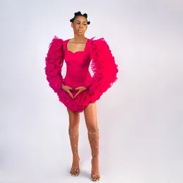 Robes décontractées Arrivée Fuchsia Gaine Courte Femmes Avec Volants Tutu Garniture Sexy Unique Parti Mini Robe Manches Complètes