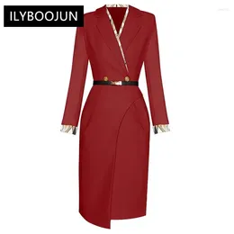 Casual Dresses Fashion Autumn Pencil Dress Women Turn-down Collar Long Sleeve Belt Pockets Office Lady Package Buttocks For 202
