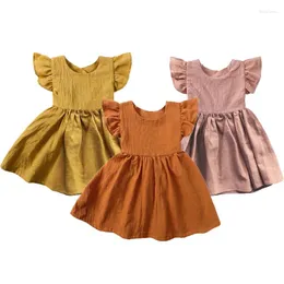 Girl Dresses Summer Dress Kids Clothes Girls Short Sleeve Solid Cotton Linen Baby Beachwear Knotbow Backless Sundress