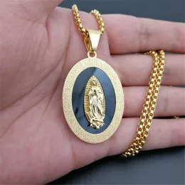 Virgin Mary Pendant Necklace 14k Yellow Gold Men Christian Jewelry Lady of Guadalupe Miraculous Oval Medal Necklace