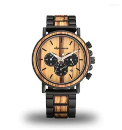 Relógios de pulso relógio masculino de madeira moda e combinação de aço inoxidável cronometragem militar quartzo lazer