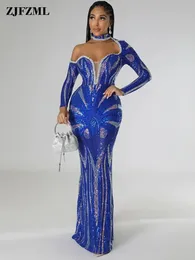 Wunderschöne Frauen Bohren Strass Diamant Lange Party Pailletten Kleider Luxus Eine Schulter Langarm Abend Meerjungfrau Vestidos 231229