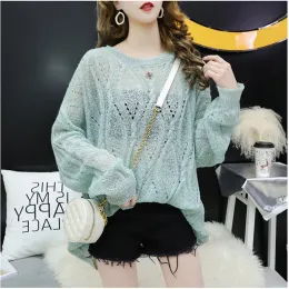 Summer Hollow Out İnce Kadınlar Knited Krop üstleri moda tiftik dişi örgü uzun kollu çekme jumper serin femme o-boyun