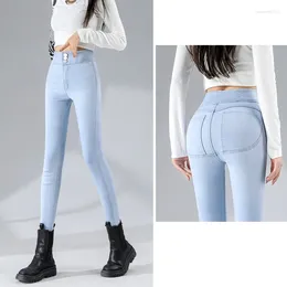 Kvinnors jeans höga midja 3 knappar mager push up women smal fit femme fitness forma tjej flickor blå kvinna sexig blyerts denim byxor