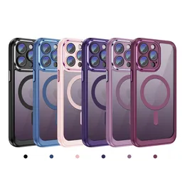 iPhone 15 14 Pro Max Magnetic Phone Case för Apple 13 Samsung Galaxy S23 S24 Plus Clear Acrylic Lens Film Chromed Camera Ring Buttons Transparent skyddande bakslag