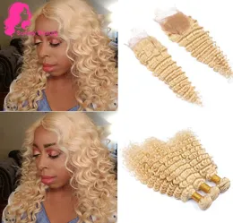 금발 색상 613 Deep Wave Curly Virgin Brazilian human hair weave with Closure 꿀 금발 색상 613 Deepwave Bleache2425478