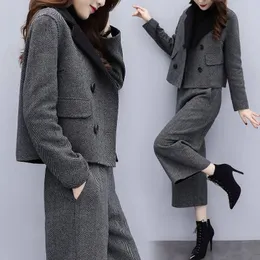 Mulheres blazer calças terno moda doublebreasted tweed jaqueta cintura elástica solta calças largas 2 pçs conjunto de correspondência 231229