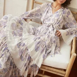 1.2 Holiday Elegant Silk Floral Print Brodery Fleared Sleeve Cascading Ruffle Long Dress Women With Belt