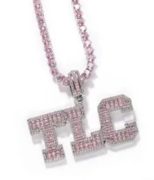 Różowa bagietka solidne litery niestandardowe wisior naszyjnik z łańcuchem tenisowym lodowany spersonalizowany biżuteria 8084932