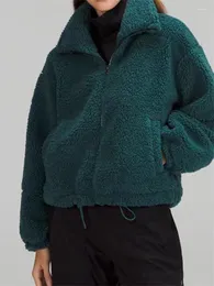 Kvinnors päls kvinnor lambwool kappa fast färg avkopplad krage blixtlås vinter jacka med fickor