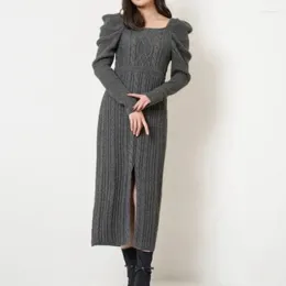 الفساتين غير الرسمية مثير طويل الأكمام نفخة فيديس النساء نساء فستان فستان متماسكة 2024 اليابانية الخريف الصلبة مربعة الصلبة MUJER ROPA SLIM
