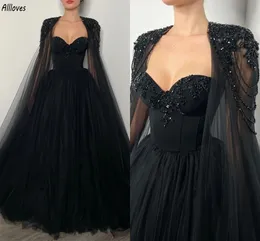 Gotycki czarny tiul Major koraliki wieczorne sukienki z długim ramionami Cape Sweetheart Plus Size Specjal Specjalna okazja Formalne suknie Dubai Arabian Cl3137