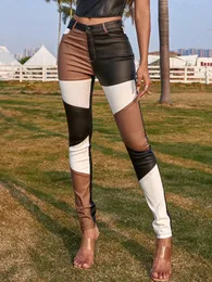 Todas as estações tendência feminina perna bolso inclinado colorblock retalhos sem vestígios mostrar figura couro do plutônio motocicleta calças magras 231229