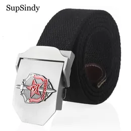 Supsindy homem cinto de lona 3d glória soviética kgb fivela de metal jeans para homens cccp exército militar tático cintos masculino cinta black2733610