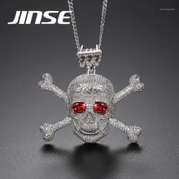 Jinse Full Rhinestone Punk Red CZ Stone Skeleton Skull Pendants Halsband för män Guldfärg Hip Hop Jewelry Gift Rope Chain1234h