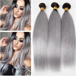 1BGrey radice scura Ombre tessuto peruviano dei capelli umani fasci dritto nero e grigio argento Ombre estensioni di trama dei capelli umani 3 pezzi Lo9267618