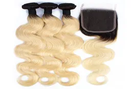 Brazilian Hair T1B613 Blonde Extensions 1028 inch Body Wave Hair 3 Bundles with Lace Closure Middle Part Ombre Human Hair2179895