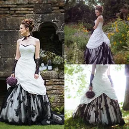 Steampunk Black and White A Line Wedding Dress Ruched Gothic Long Bridal Vrids Lace Healses Sweetheart Neck Olcyfeless Lace-Up Plus Size Vintage Bride Drid